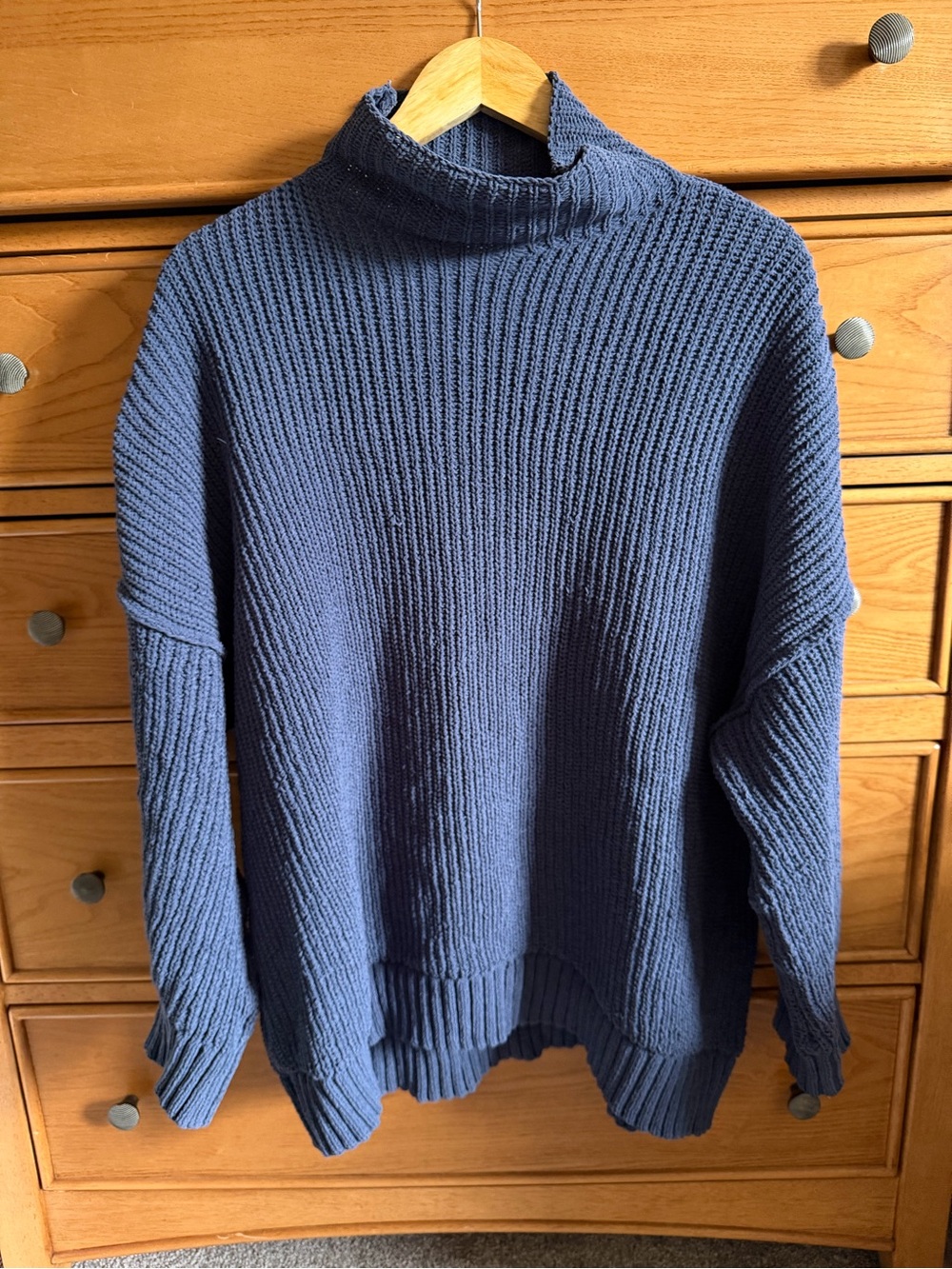 Aerie Oversized‎ Mock Neck Blue Chunky Knit Sweater Womens Large Granola Coastal